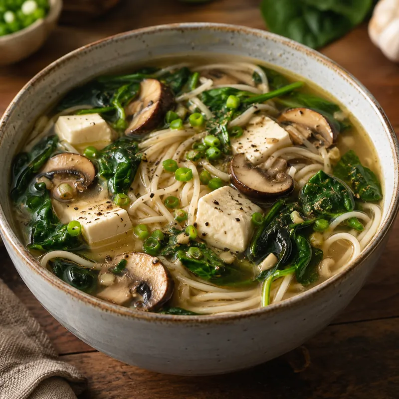 Tofu, spinach and mushroom noodle soup