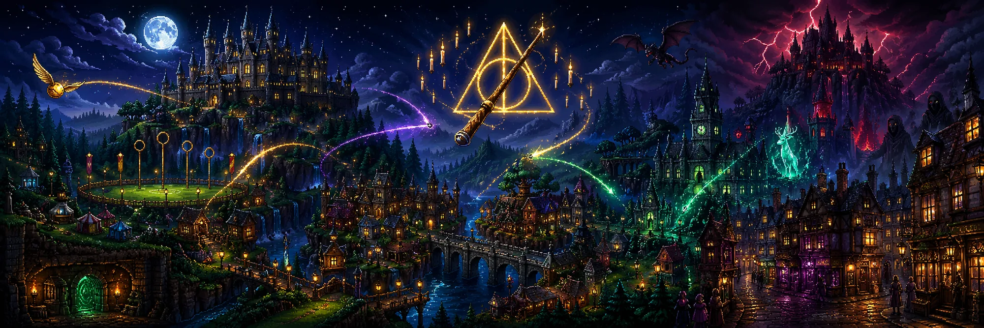 Pixel-art banner: Hogwarts at night, the Deathly Hallows symbol, a Golden Snitch and dark creatures