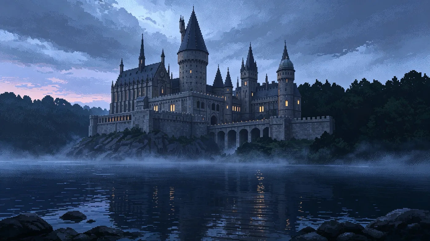 Hogwarts castle across a misty lake at dusk